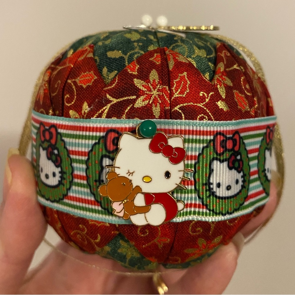 Hello Kitty Handmade Quilted Holiday Ornament Red and Green with Charms